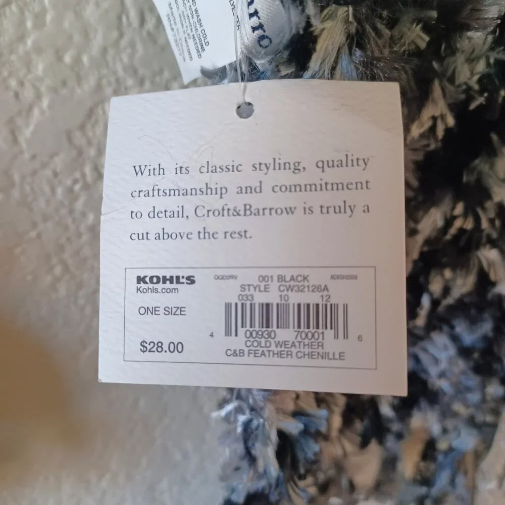3/$25 SALE Croft & Barrow Long Chenille Scarf Fringe Black White Silver, 75